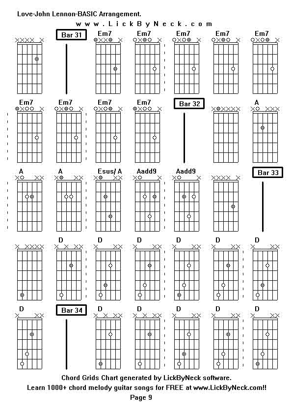 Chord Grids Chart of chord melody fingerstyle guitar song-Love-John Lennon-BASIC Arrangement,generated by LickByNeck software.